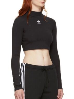 Adidas Cropped Turtleneck Long-Sleeve Top in Black W/ Middle Logo